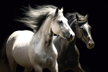 Obraz na płótnie Canvas Two black&white beautiful horses plaing, very dynamic, oil paint.