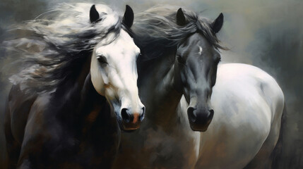 Two black&white beautiful horses plaing, very dynamic, oil paint.