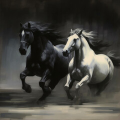 Two black&white beautiful horses plaing, very dynamic, oil paint.