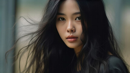 Fototapeta premium A beautiful girl modern mixed european asian, long black hair