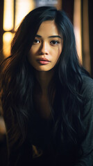 Fototapeta premium A beautiful girl modern mixed european asian, long black hair