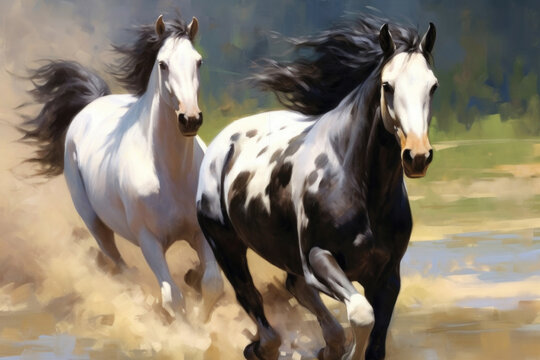 Two black&white beautiful horses plaing, very dynamic, oil paint.