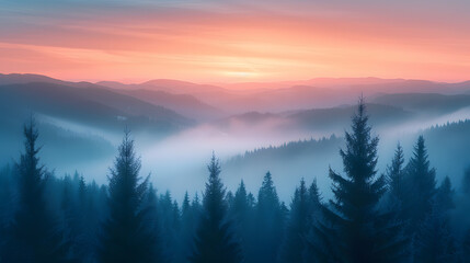 A surreal mountain range, with ethereal mist as the background, during a mystical sunrise