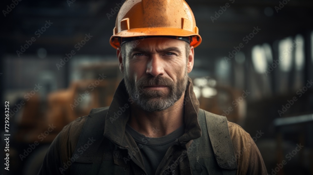 Aufkleber portrait of a builder with a hammer and level, confident and skilled, on a construction site backgro