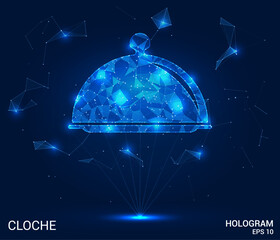 A hologram of a cloche. A cloche of polygons, triangles of points and lines. The tray has a low polygonal connection structure. Technology concept vector.