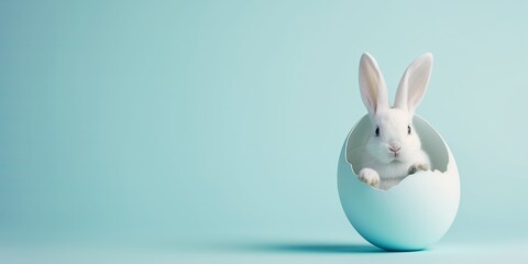 Easter bunny from hatched egg. Easter blue background