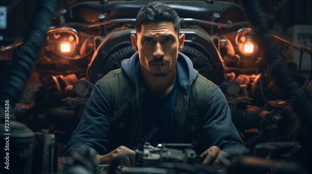 Poster Portrait of an auto mechanic with a laptop, conducting diagnostics, using technology for vehicle analysis in a workshop Generative AI
