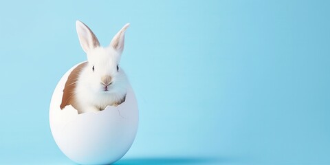 Easter bunny from hatched egg. Easter blue background