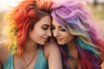 Portrait of two charming homosexual girls spending romantic time together. Generative AI