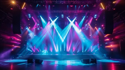 Radiant stage setup with dazzling spotlights, LED screens, and vibrant stage lights, great for...