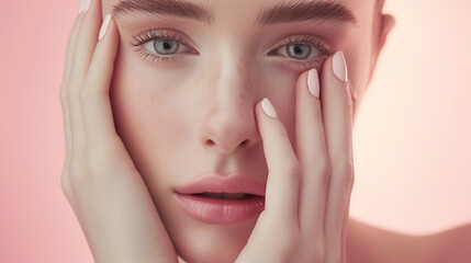 Fototapeta premium Serene Young Woman with Flawless Skin and Pink Manicure, Delicate Beauty