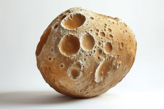 Realistic depiction of Phobos, a moon of Mars, showcasing its irregular shape and cratered surface against a bright white backdrop Generative AI
