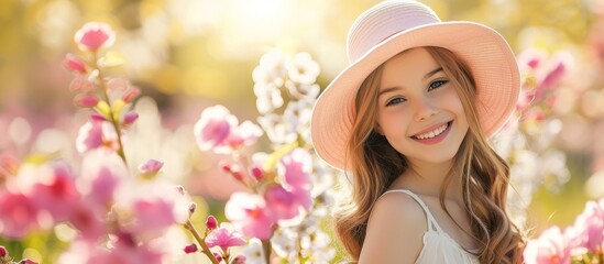 Smiling girl in pink hat and white dress enjoying sunny spring day amidst blooming flowers. - Powered by Adobe