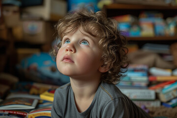 Portrait of a child surrounded by books, concept of reading and education