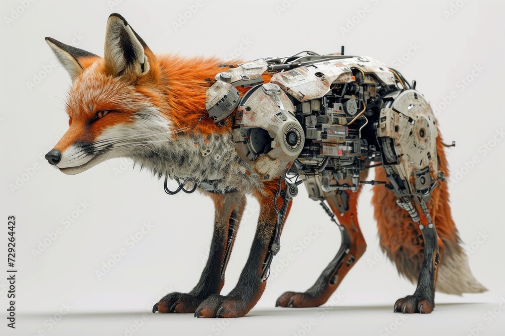 Poster Realistic depiction of a cybernetically enhanced fox with robotic parts and technological upgrades, set against a plain white backdrop Generative AI