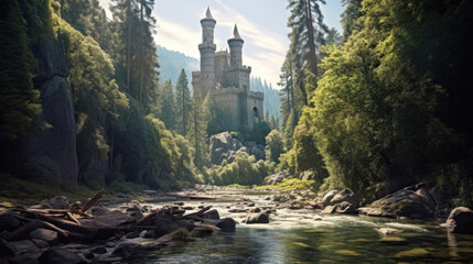 Tall stone castle deep in a sequoia forest. River running through. Depth of field. - obrazy, fototapety, plakaty