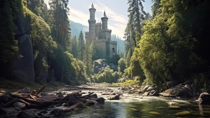 Fotobehang Tall stone castle deep in a sequoia forest. River running through. Depth of field. © tong2530
