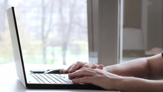 BUSINESS man hands type on laptop keyboard. Touch typing pointing cloud data social network media. White skin. Working on tablet computer. Extreme close-up human hands on keyboard. High quality 4K