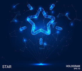 The hologram is a star. A star made of polygons, triangles of points and lines. A star with round corners is a low-poly compound structure. Technology concept vector.