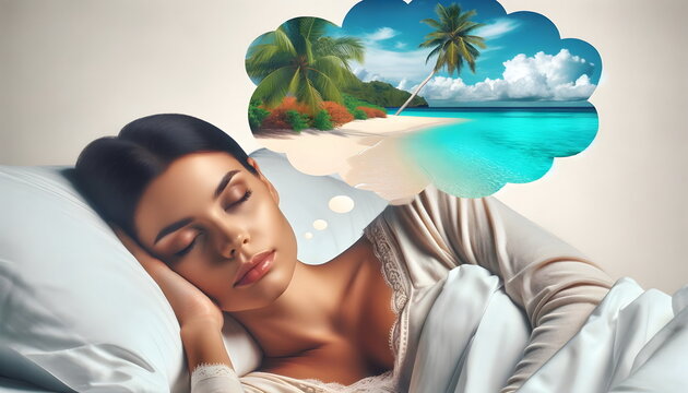 young woman sleeping in a bed and dreaming of a tropical beach