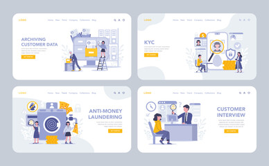 Obraz na płótnie Canvas KYC web or landing page set. Essential procedures for customer data archiving, identity verification, anti-money laundering, and client interviews showcased. Flat vector illustration.