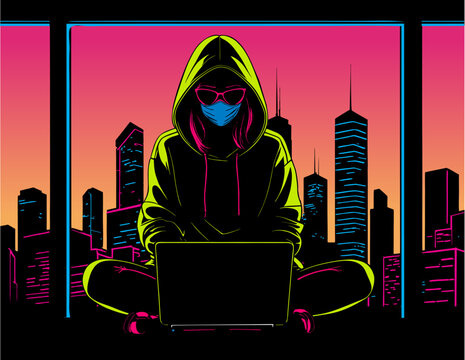 Hacker sits at a laptop. Vector background on the theme of computer security in cyberpunk style. Threat to saved data and hacking of accounts.