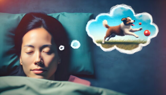 young woman sleeping in a bed and dreaming of a dog