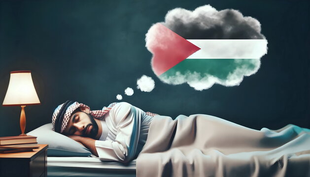 arabian young man sleeping in a bed and dreaming of a palestine flag