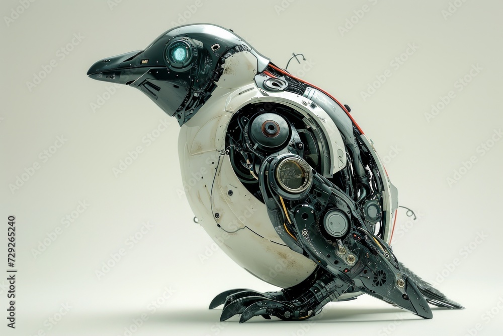 Aufkleber Realistic depiction of a cybernetically enhanced penguin with mechanical parts and technological modifications, displayed against a plain white backdrop Generative AI
