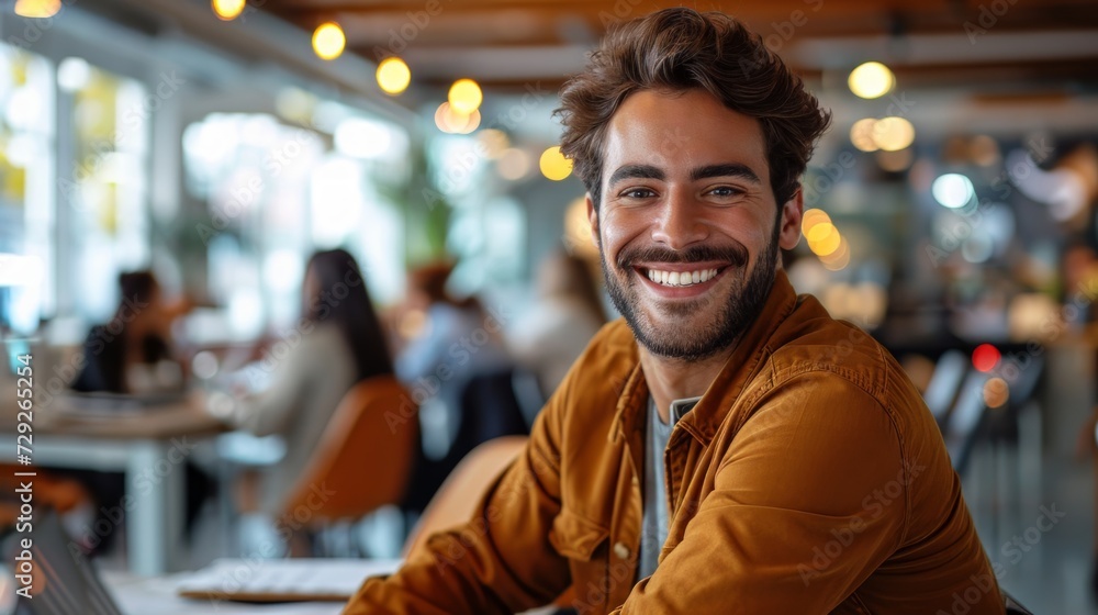 Poster Realistic depiction of a man in a modern office space, smiling brightly while collaborating with coworkers at a shared workspace Generative AI