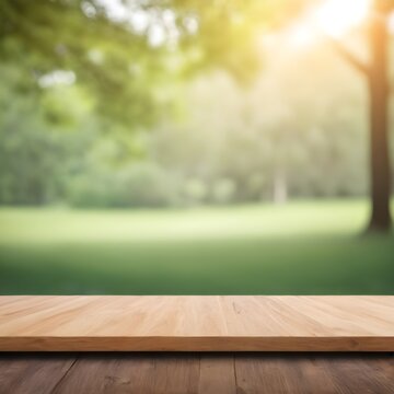 Empty space wood board table. use for food and product presentation with blurred nature green background