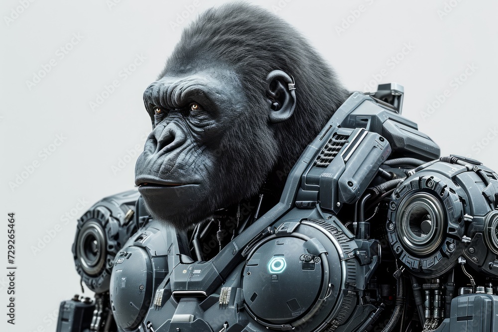 Poster Realistic depiction of a robotically modified gorilla, featuring cybernetic arms and mechanical upgrades, set against a solid white backdrop Generative AI