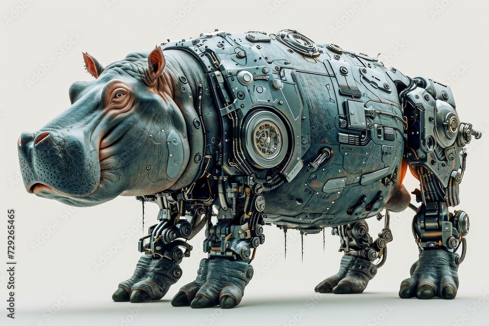 Fototapete Realistic depiction of a robotically modified hippopotamus with mechanical enhancements and cybernetic features, against a solid white backdrop Generative AI
