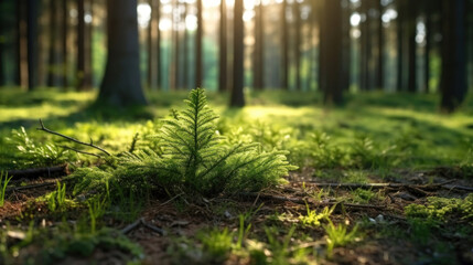 young tiny fir trees in the foreground, mature forest in spring in the background, sun shining through in the morning.