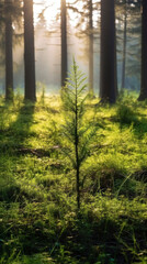 young tiny fir trees in the foreground, mature forest in spring in the background, sun shining through in the morning.