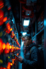 IT professional with digital tablet monitoring system performance of database network servers working on rack in high tech data center. Webhosting, cloud computing.