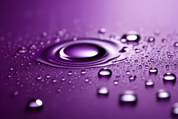 Rippling water drop on purple surface with droplets around it. Isolated on purple background.