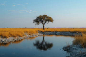 Grassland with umbrella thorn acacia in front of salt pan, Etosha National Park, Namibia, Africa. - obrazy, fototapety, plakaty