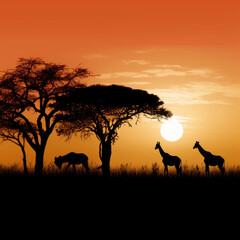 Fototapeta na wymiar Silhouette of african safari, tree, giraffe, zebra, bird.
