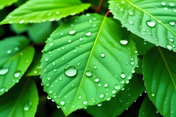 Obraz premium Raindrop-covered Green Leaves, Isolated on Green. Spring and Summer Freshness.