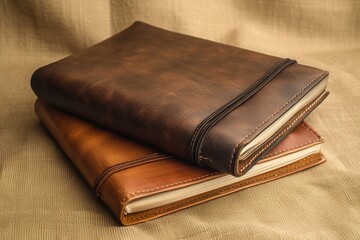 A stack of leather-bound journals sits atop a textured surface, suggesting themes of travel, reflection, and luxury, potentially used in marketing materials for high-end stationery or travel journals.