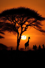 Fototapeta na wymiar Silhouette of african safari, tree, giraffe, zebra, bird.