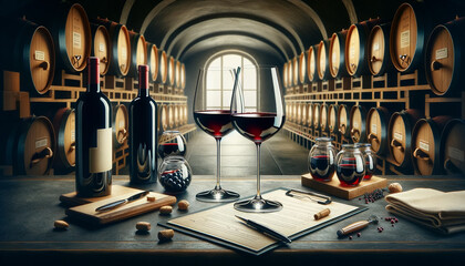 A refined wine tasting setting with two glasses of red wine, presented in a cellar or tasting room, alongside bottles and tasting notes, highlighting the art of wine connoisseurship