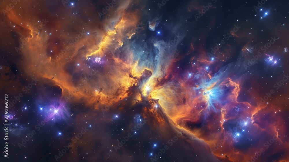Poster realistic depiction of the rho ophiuchi cloud complex, showcasing its stellar nursery and colorful n