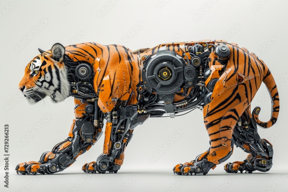 Poster Realistic image of a tiger integrated with robotic components, exhibiting technological modifications against a plain white backdrop Generative AI