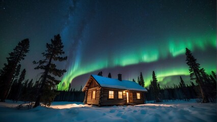 Aurora borealis, northern lights over a wooden house in winter forest