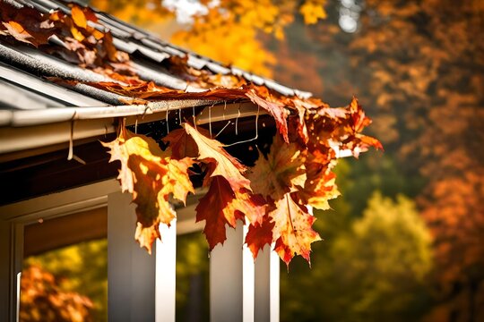 A fall tradition - cleaning the gutters of leaves. Here, we see them clogging the gutters of a traditional home. Could be used for advertising/clean up articles/etc. Narrow DOF