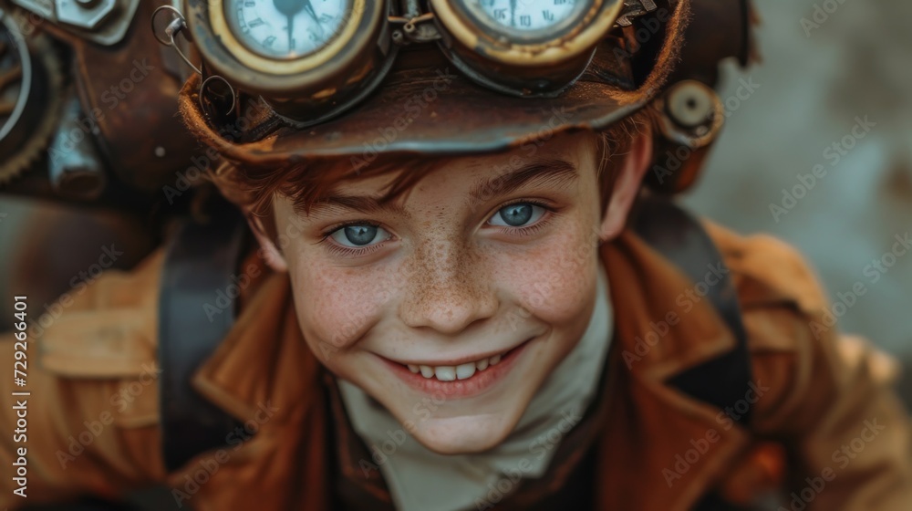 Poster realistic photo concept of a cheerful young adult post-apocalypse person in steampunk attire, smilin