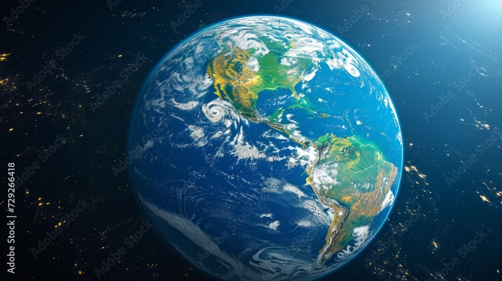 Poster realistic photo concept of earth, showcasing its continents and oceans from a birds-eye view generat