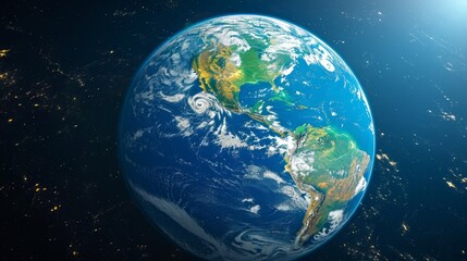 Fototapeta premium Realistic photo concept of Earth, showcasing its continents and oceans from a birds-eye view Generative AI